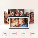 Digital Photo Frame — 15.6-Inch Large Screen (32GB), featuring a 1920×1080 IPS HD Touchscreen. Supports both desktop placement and wall mounting; easily share photos and videos. An ideal gift for birthdays, weddings, or for Mom.